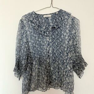 Doen Henri Blue Silk Puff Sleeve Ruffled Blouse XS